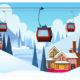 Winter landscape with guest houses and ski cable cars